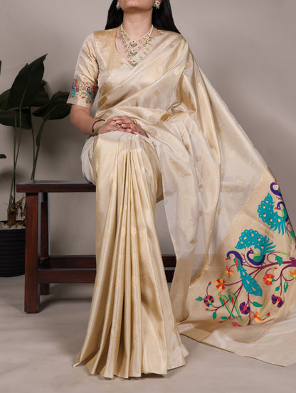 Cream Tissue Paithani Zari Weaving Saree with Matching Blouse