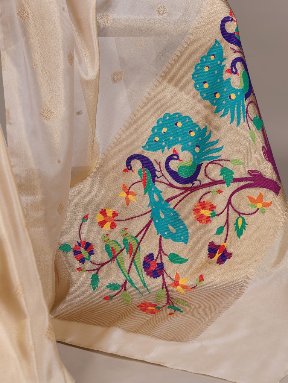 Cream Tissue Paithani Zari Weaving Saree with Matching Blouse