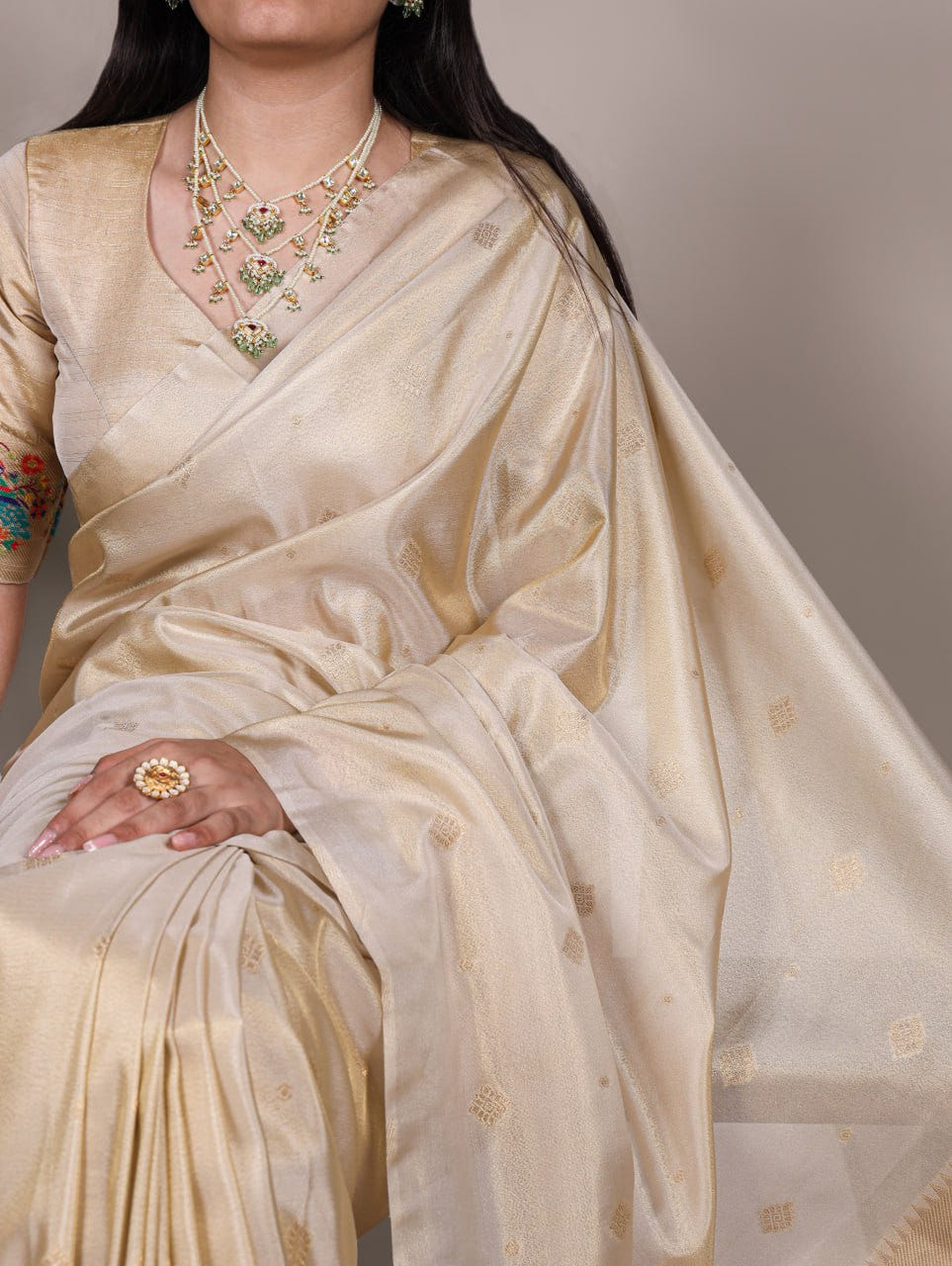 Cream Tissue Paithani Zari Weaving Saree with Matching Blouse