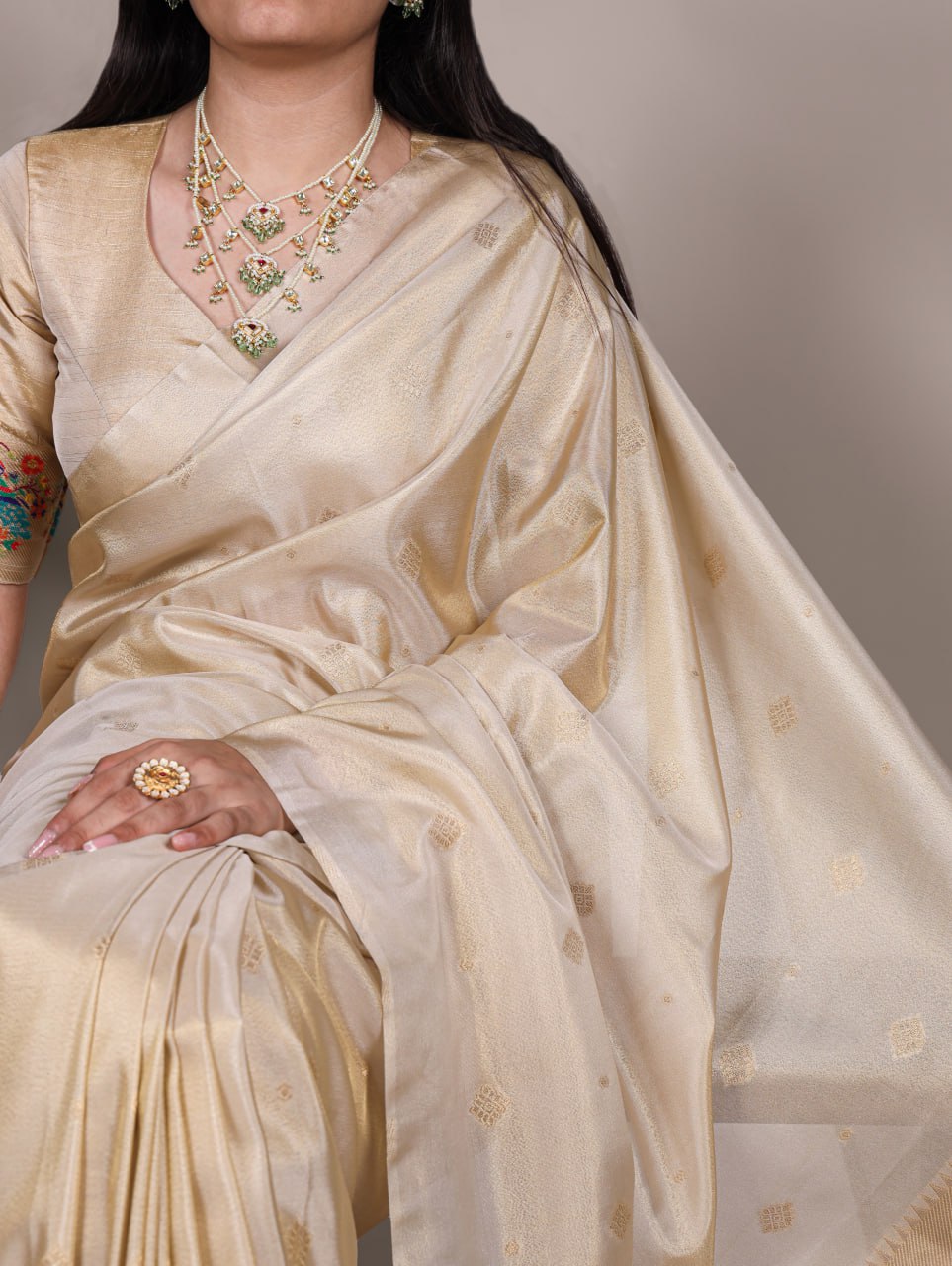 Cream Tissue Paithani Zari Weaving Saree with Matching Blouse