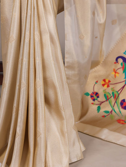 Cream Tissue Paithani Zari Weaving Saree with Matching Blouse