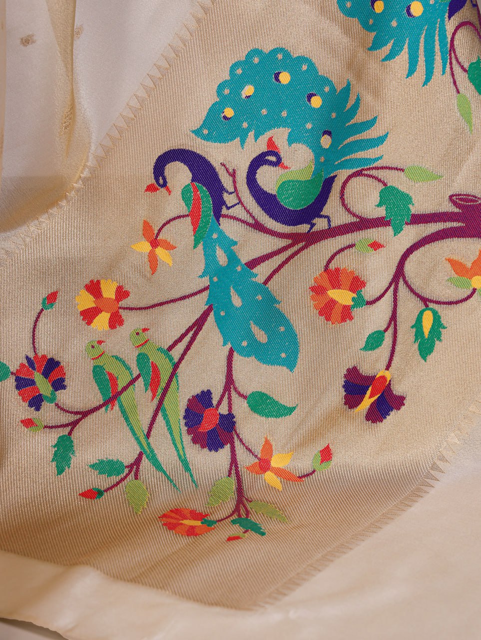 Cream Tissue Paithani Zari Weaving Saree with Matching Blouse