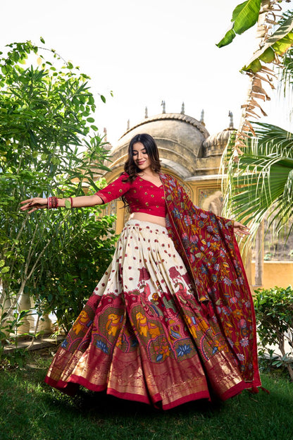 Cream Tussar Silk Kalamkari Print Lehenga Choli with Gotta Patti Dupatta