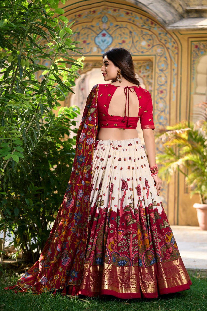 Cream Tussar Silk Kalamkari Print Lehenga Choli with Gotta Patti Dupatta 