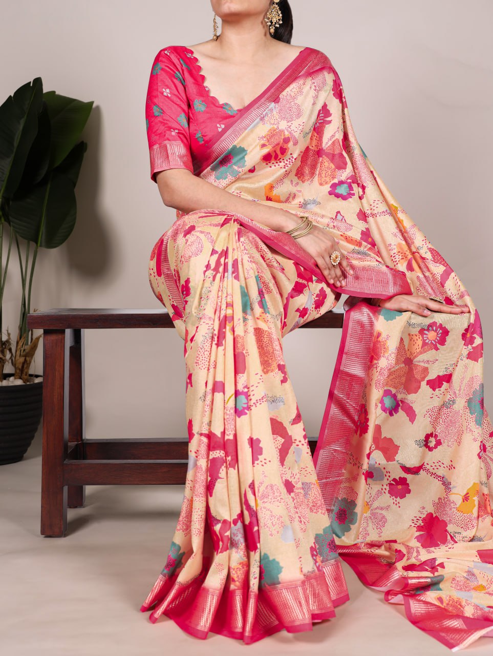 Cream Tussar Silk Printed Saree with Viscose Border Matching Blouse