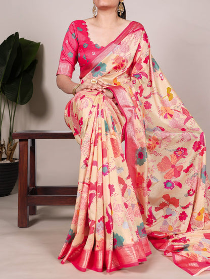 Cream Tussar Silk Printed Saree with Viscose Border Matching Blouse