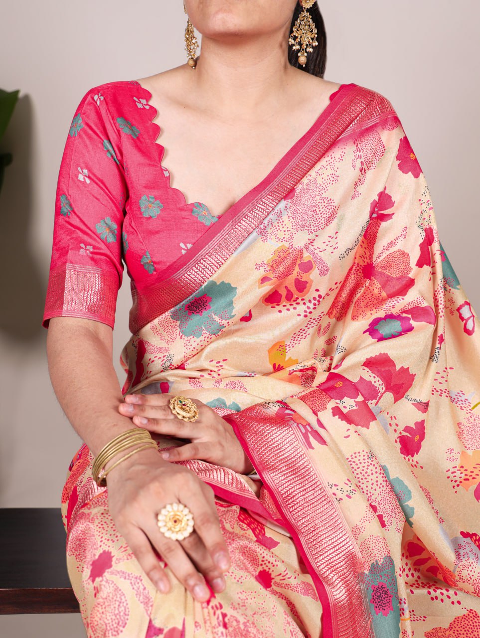 Cream Tussar Silk Printed Saree with Viscose Border Matching Blouse