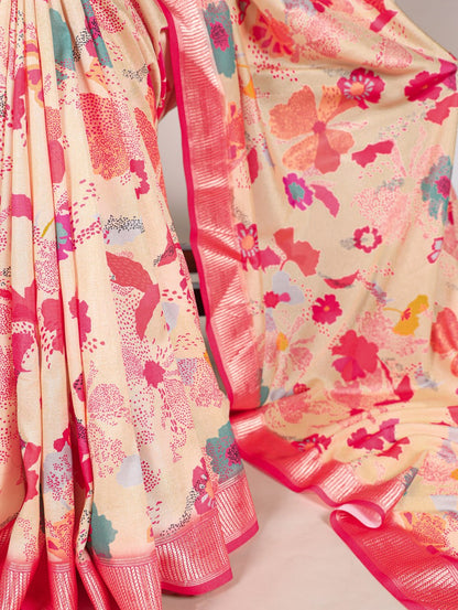 Cream Tussar Silk Printed Saree with Viscose Border Matching Blouse