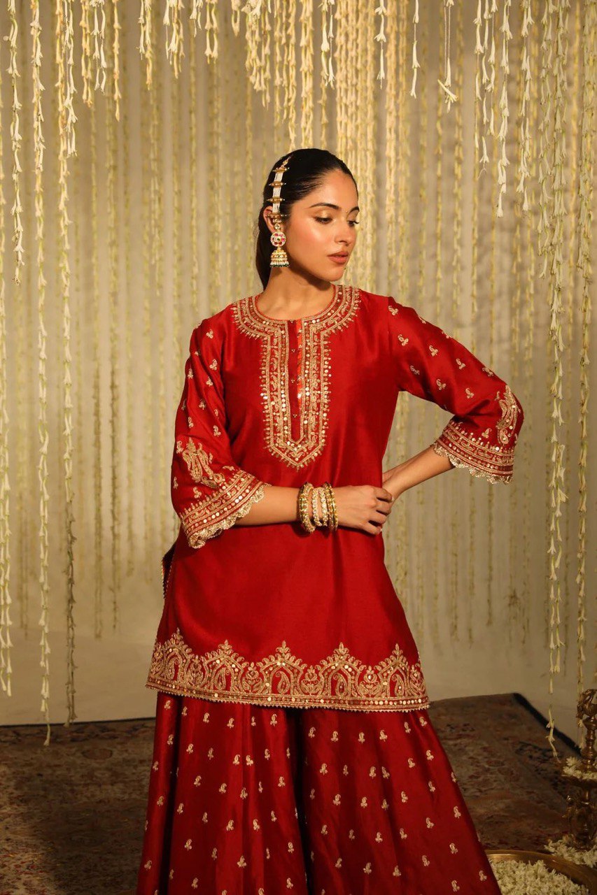 Deep red paisley embroidery sharara set