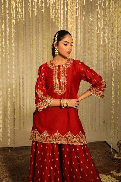 Deep red paisley embroidery sharara set