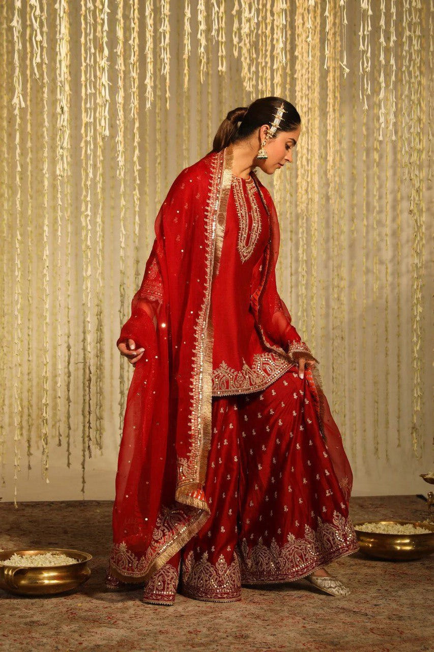 Deep red paisley embroidery sharara set