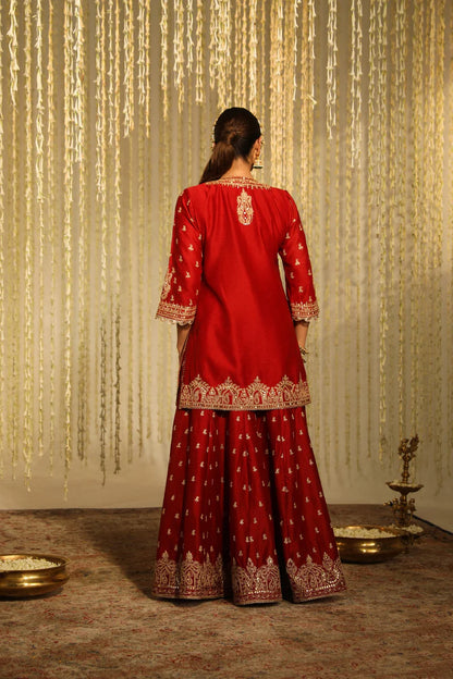 Deep red paisley embroidery sharara set