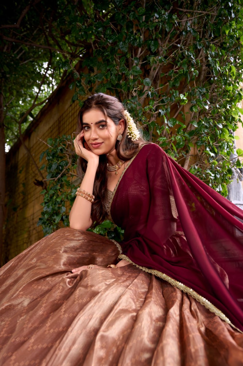 Dusky Brown Dupion Silk Zari Weaving Lehenga Choli Set with Maroon Dupatta