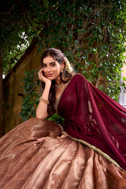 Dusky Brown Dupion Silk Zari Weaving Lehenga Choli Set with Maroon Dupatta