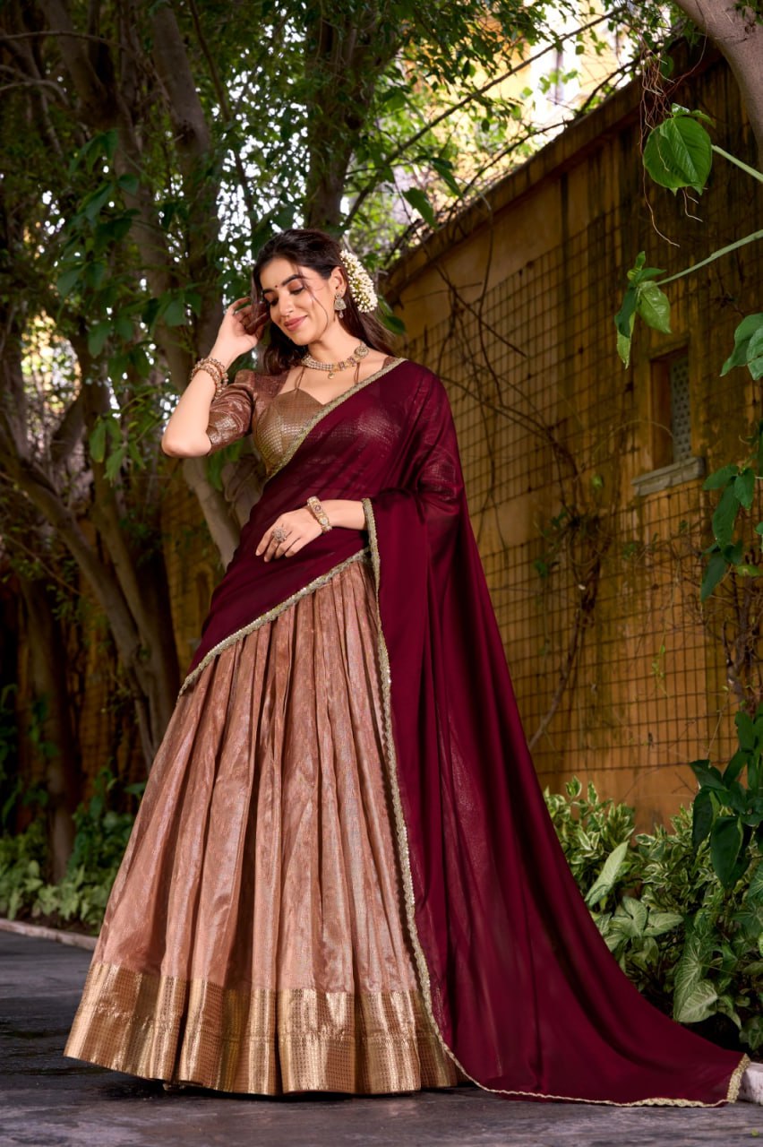 Dusky Brown Dupion Silk Zari Weaving Lehenga Choli Set with Maroon Dupatta