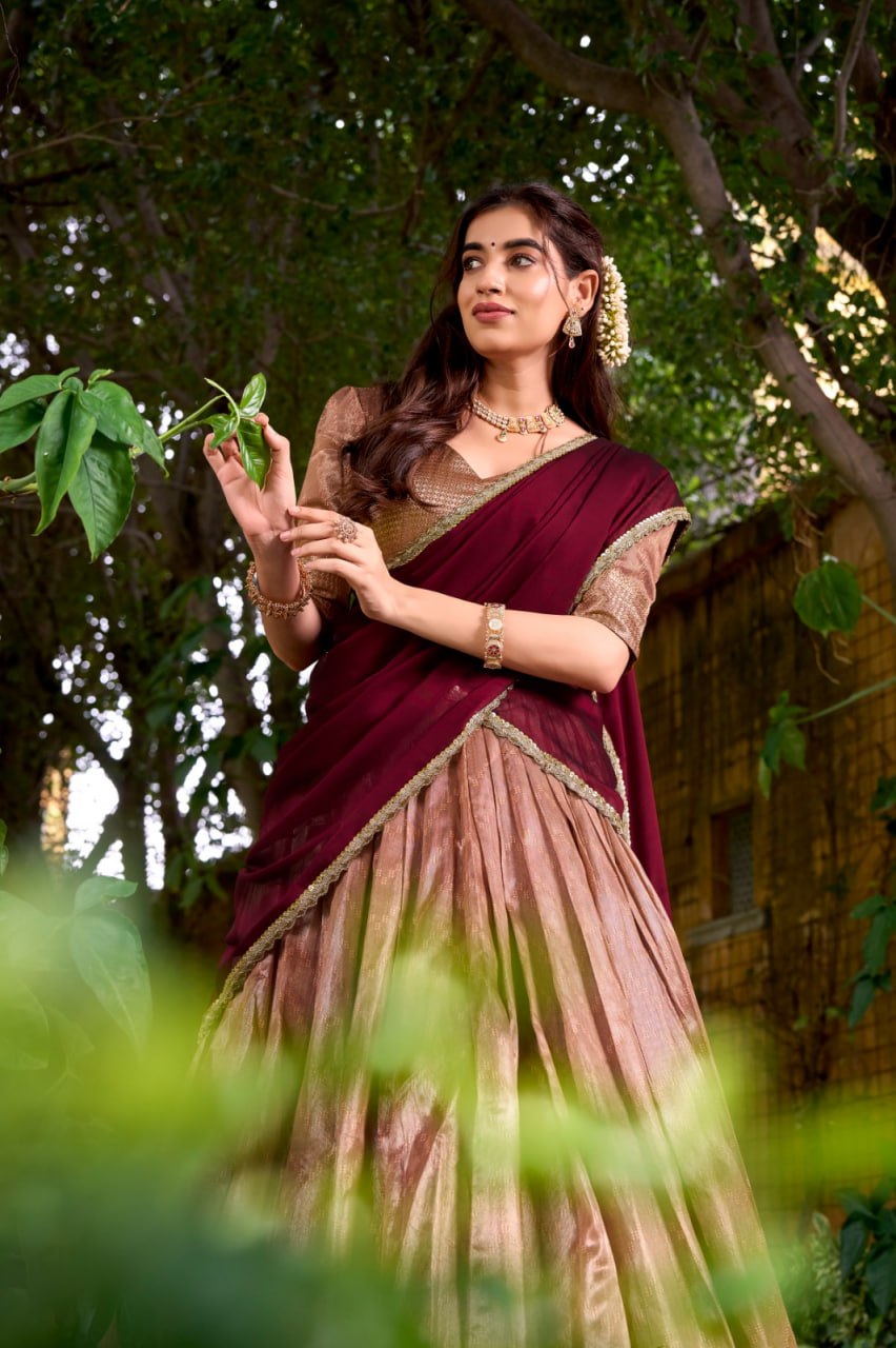 Dusky Brown Dupion Silk Zari Weaving Lehenga Choli Set with Maroon Dupatta