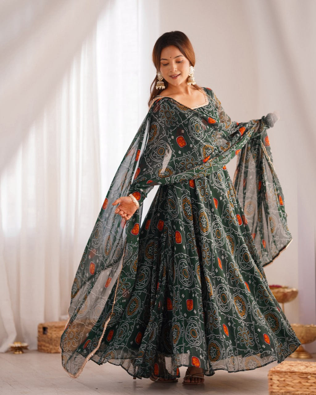 GREEN Designer Pure Chiffon Bandhej Anarkali Gown Set with Dupatta