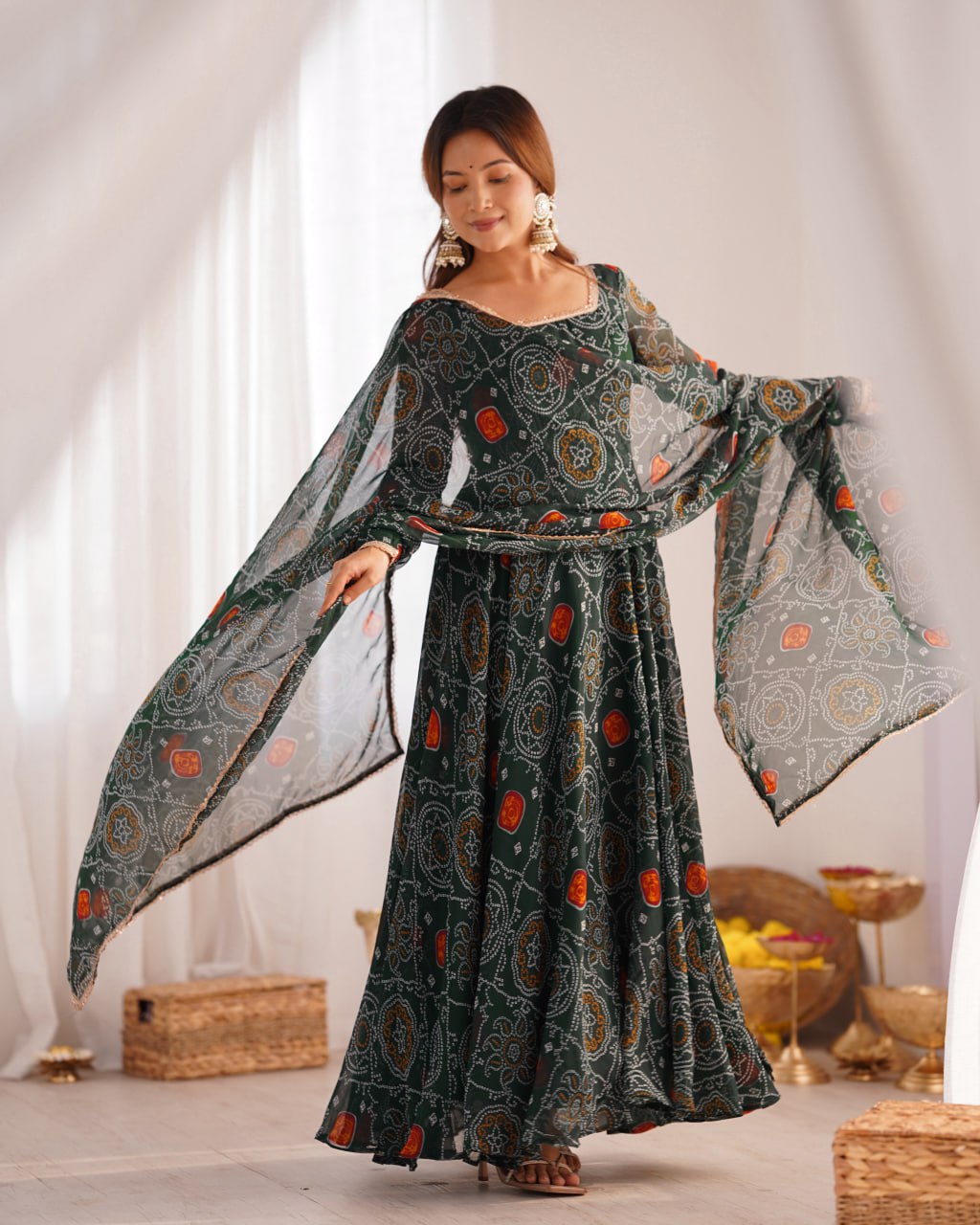 GREEN Designer Pure Chiffon Bandhej Anarkali Gown Set with Dupatta
