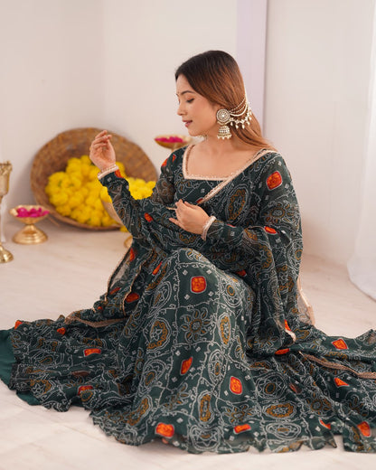 GREEN Designer Pure Chiffon Bandhej Anarkali Gown Set with Dupatta