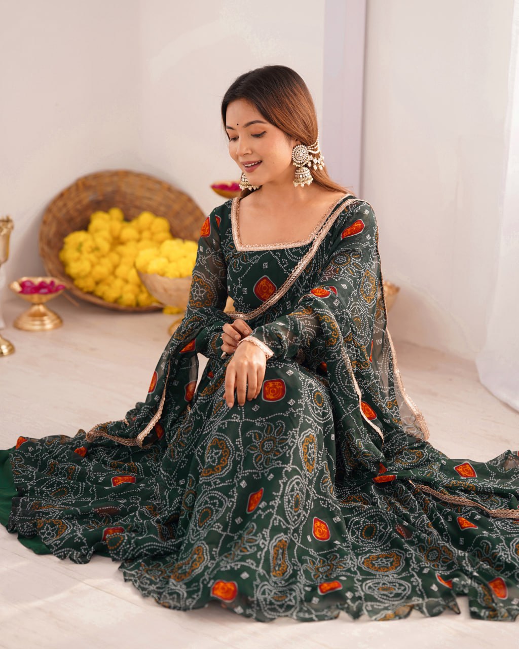 GREEN Designer Pure Chiffon Bandhej Anarkali Gown Set with Dupatta