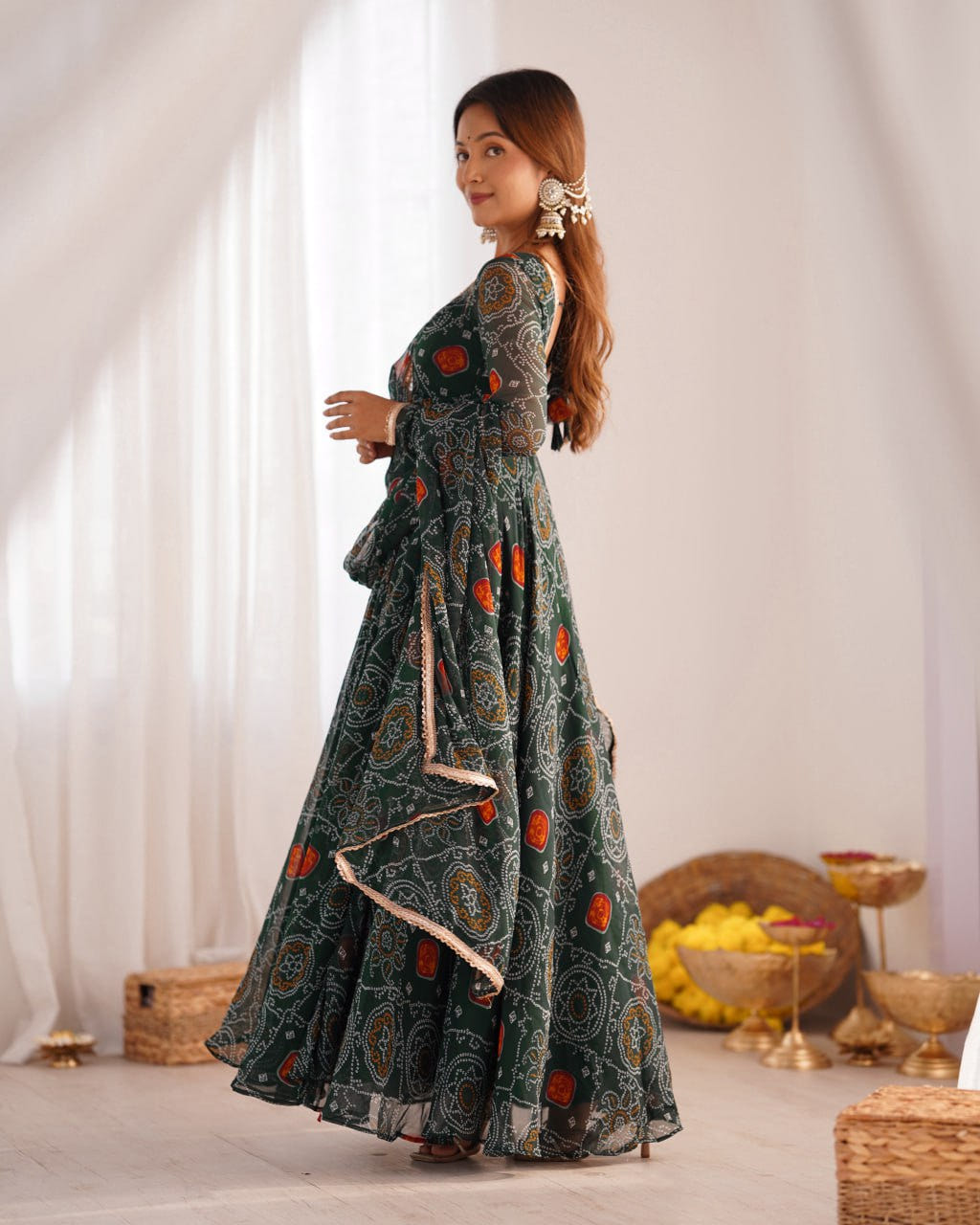 GREEN Designer Pure Chiffon Bandhej Anarkali Gown Set with Dupatta