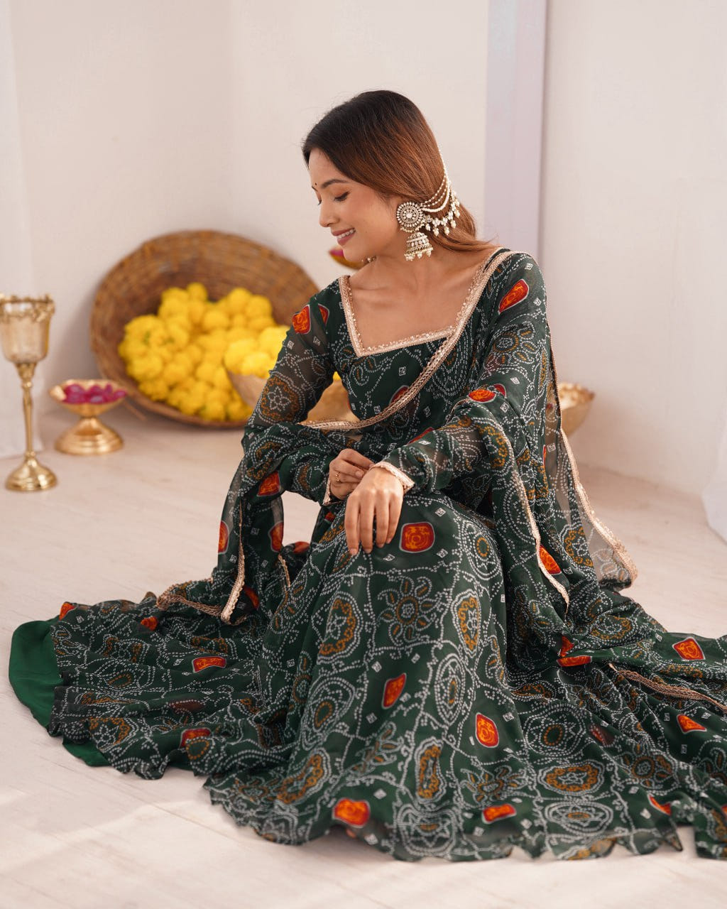 GREEN Designer Pure Chiffon Bandhej Anarkali Gown Set with Dupatta