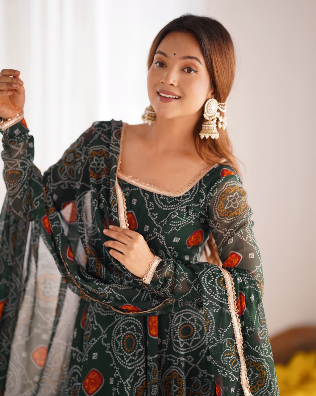 GREEN Designer Pure Chiffon Bandhej Anarkali Gown Set with Dupatta