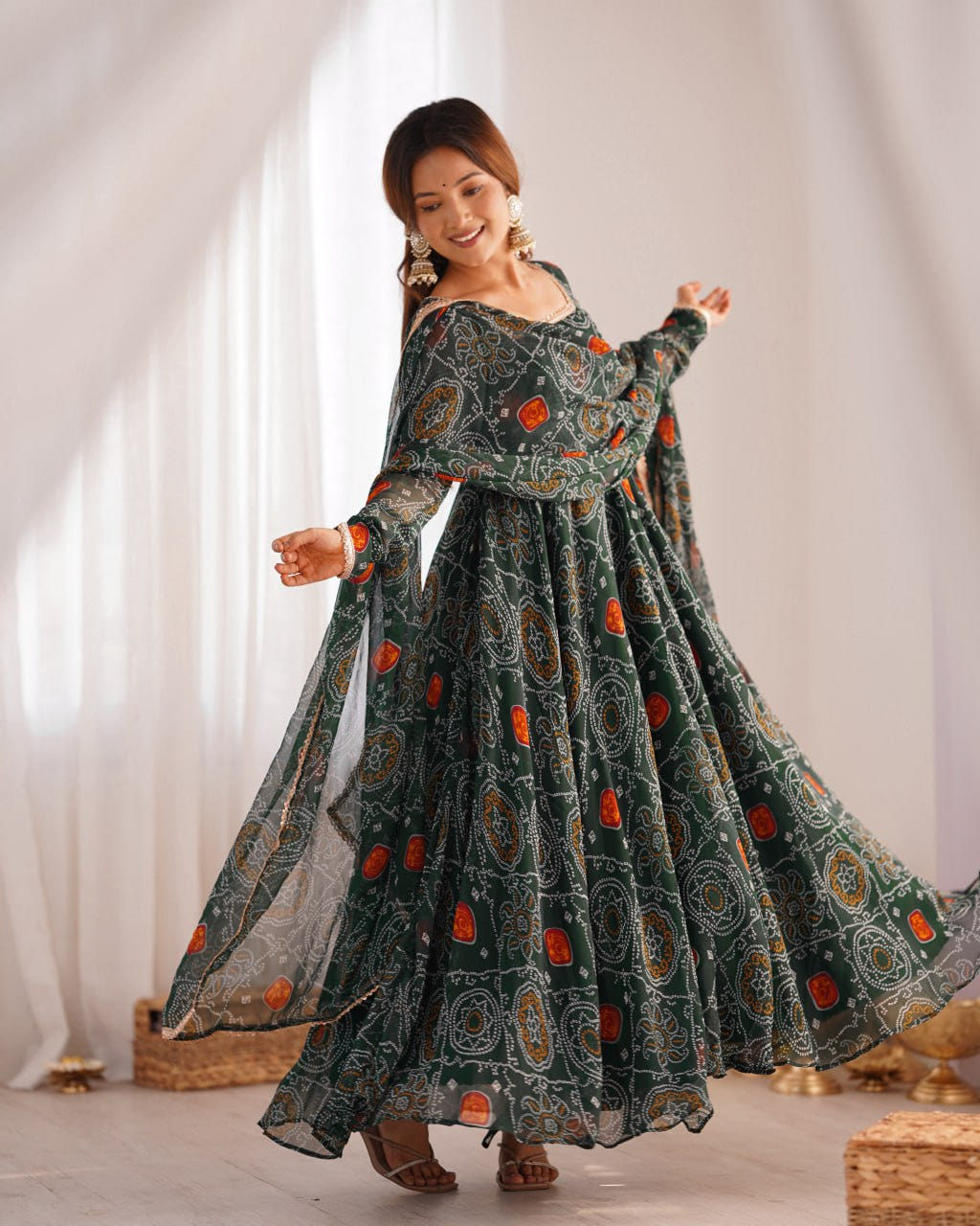 GREEN Designer Pure Chiffon Bandhej Anarkali Gown Set with Dupatta
