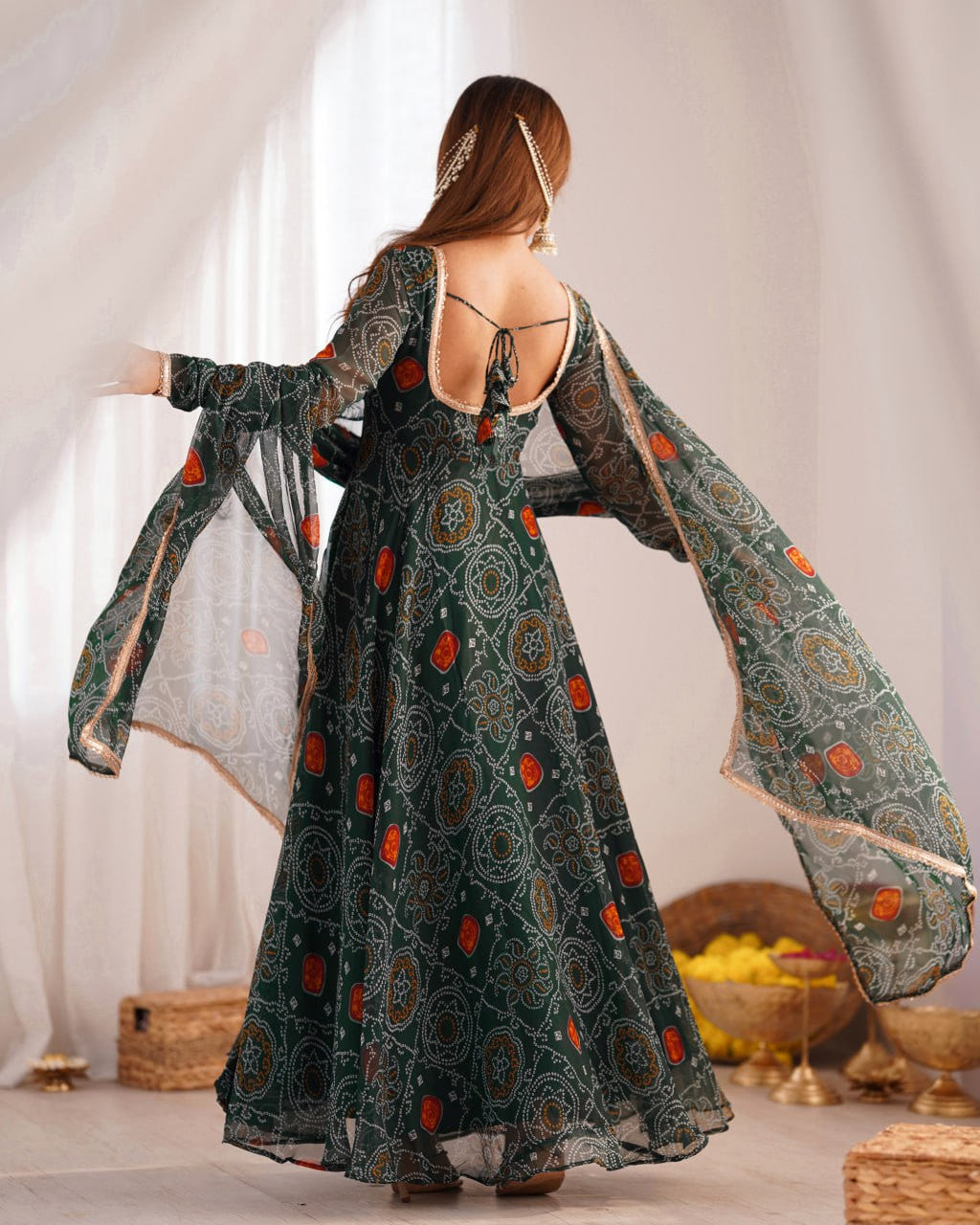 GREEN Designer Pure Chiffon Bandhej Anarkali Gown Set with Dupatta