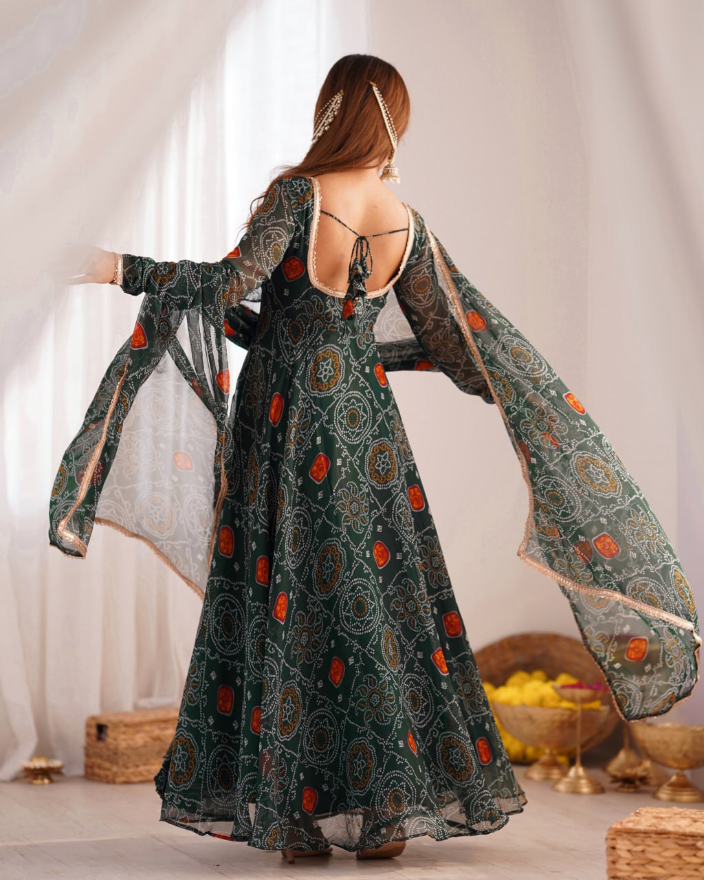 GREEN Designer Pure Chiffon Bandhej Anarkali Gown Set with Dupatta