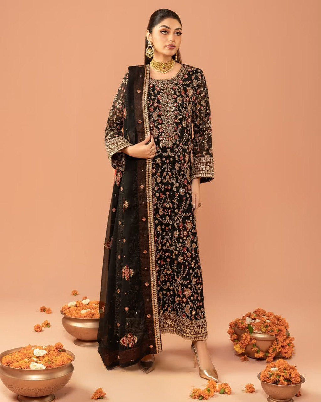 Faux Georgette Top Pant Dupatta Set with Real Diamond Work