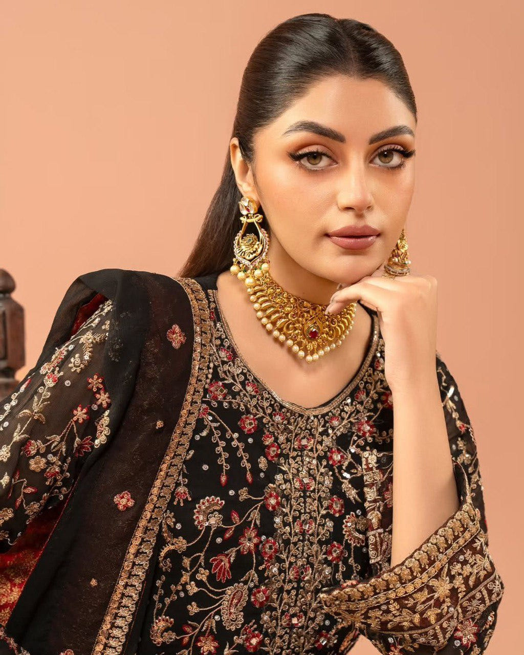 Faux Georgette Top Pant Dupatta Set with Real Diamond Work