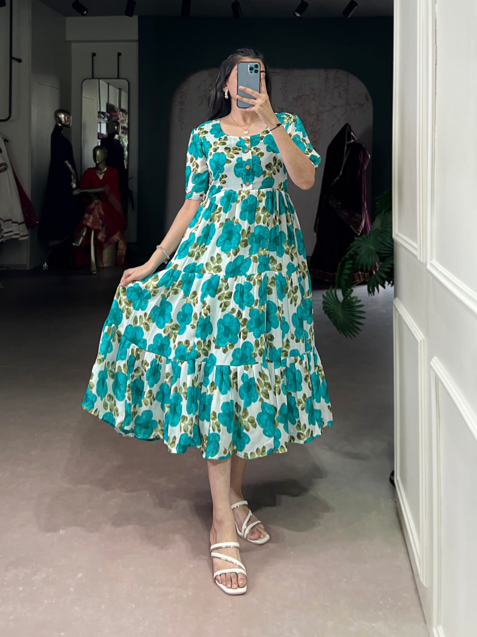 Firozi Flower Floral Vichitra Silk Frock – Ethnic Designer Dress