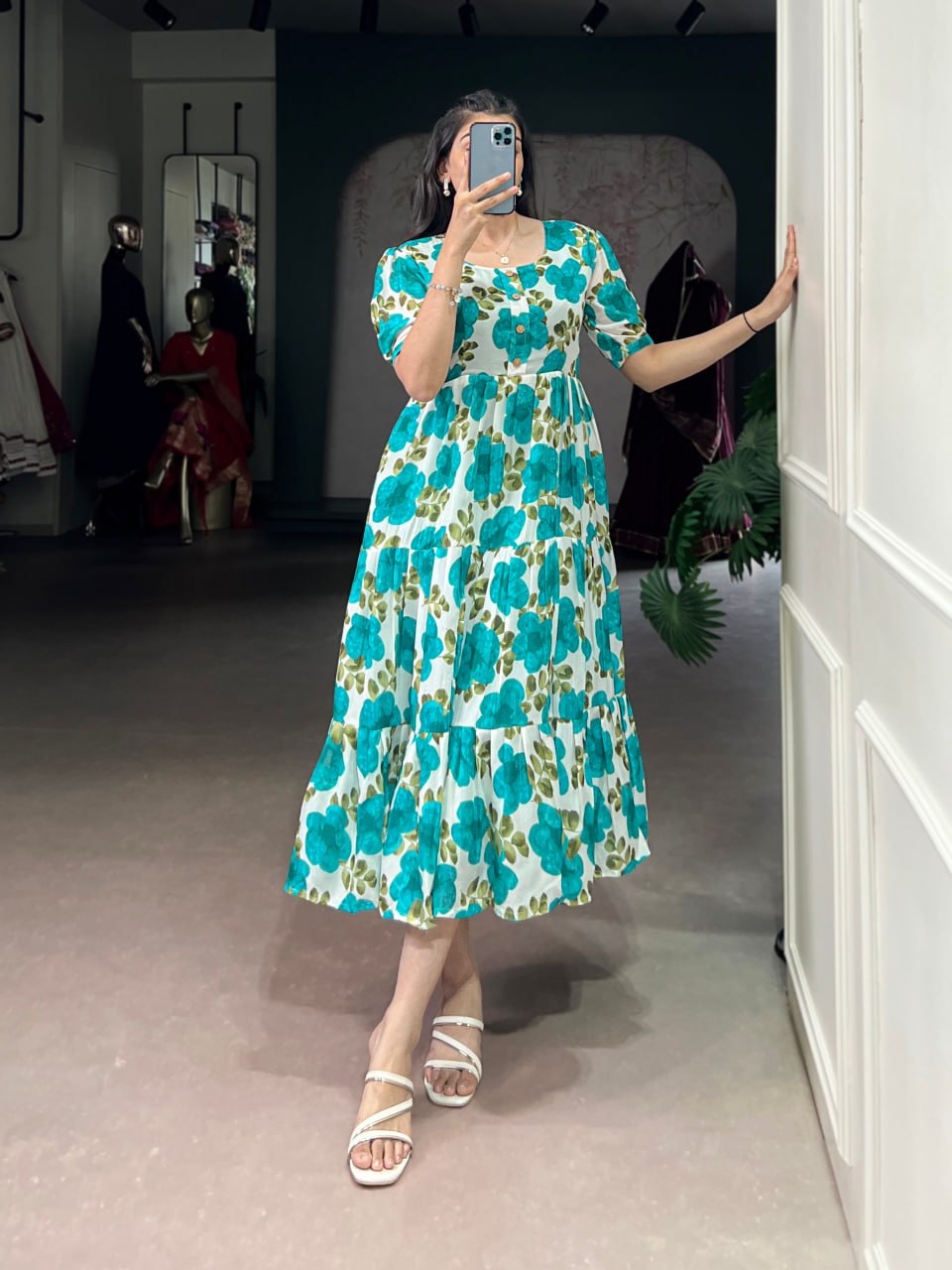 Firozi Flower Floral Vichitra Silk Frock – Ethnic Designer Dress