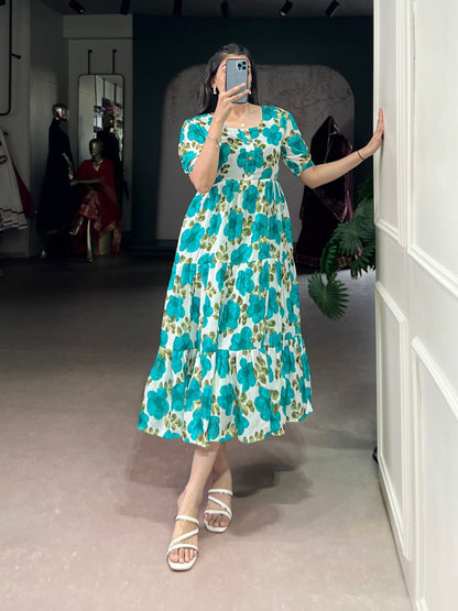 Firozi Flower Floral Vichitra Silk Frock – Ethnic Designer Dress