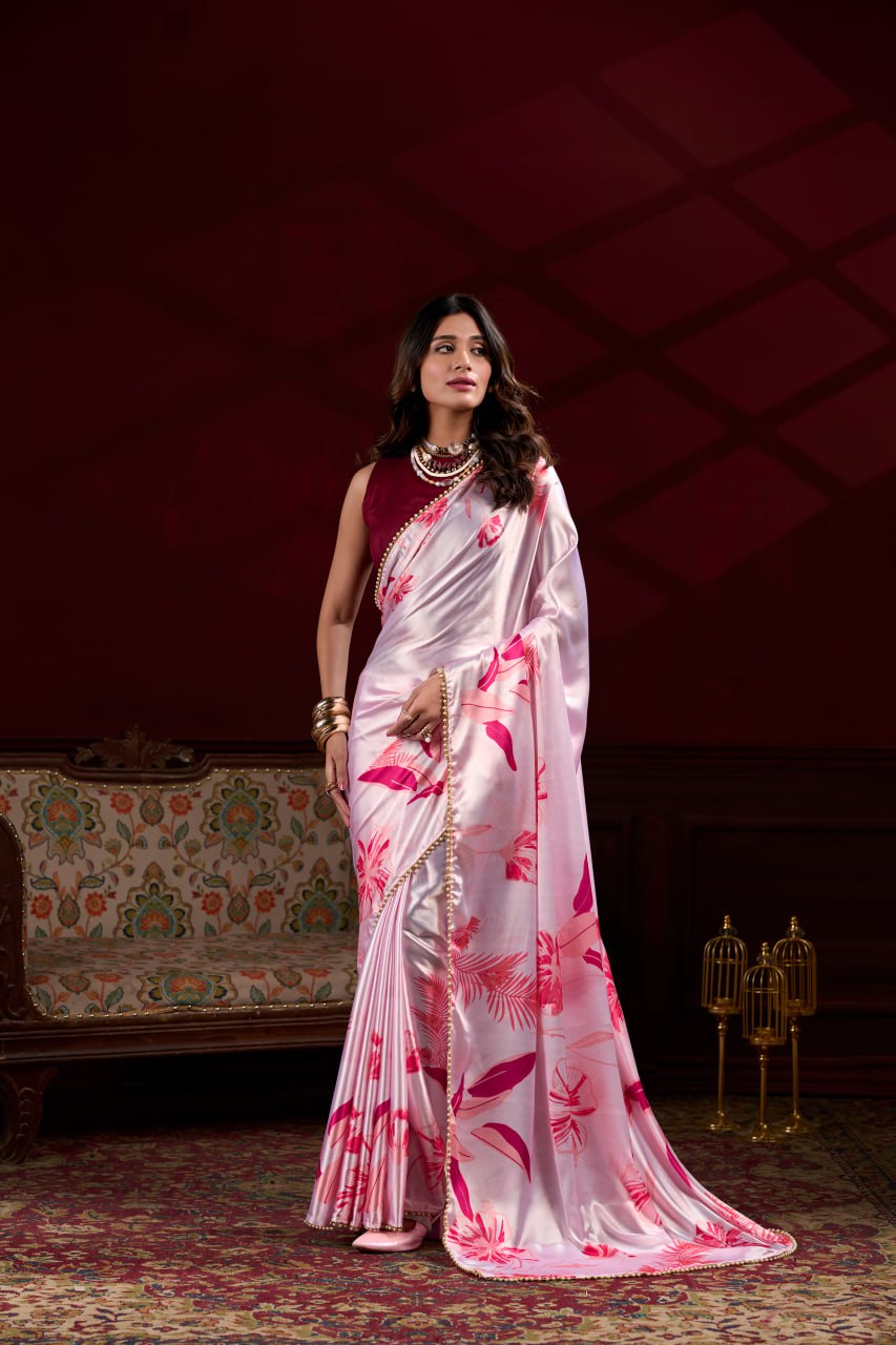 Pink Satin Silk Floral Printed Saree with Pearl Lace Border Blouse