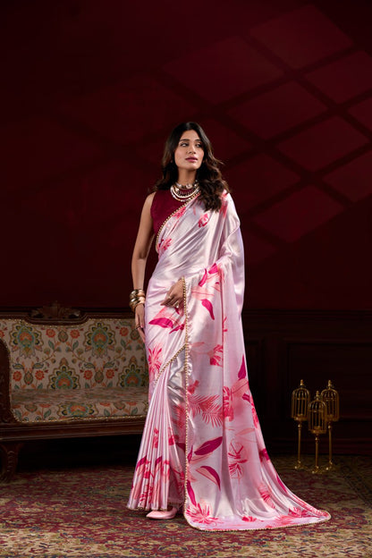 Pink Satin Silk Floral Printed Saree with Pearl Lace Border Blouse