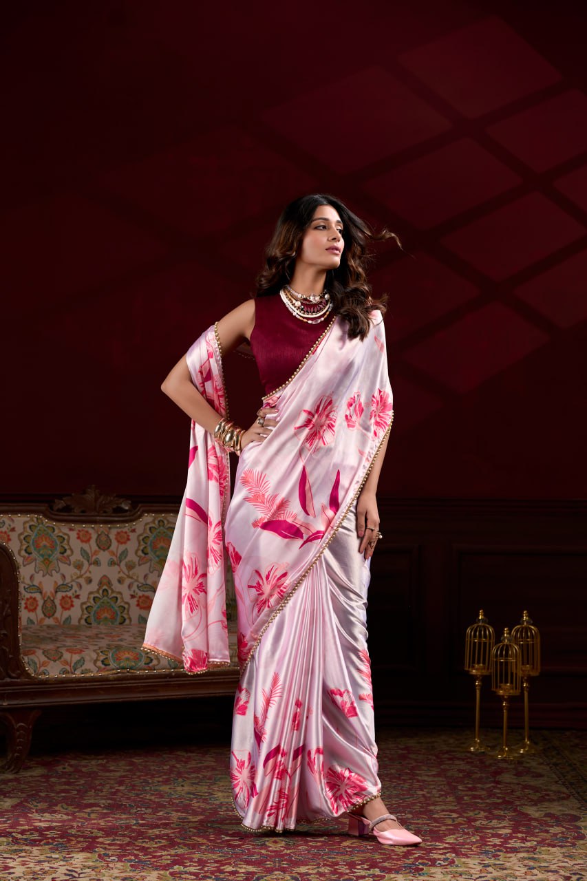 Pink Satin Silk Floral Printed Saree with Pearl Lace Border Blouse