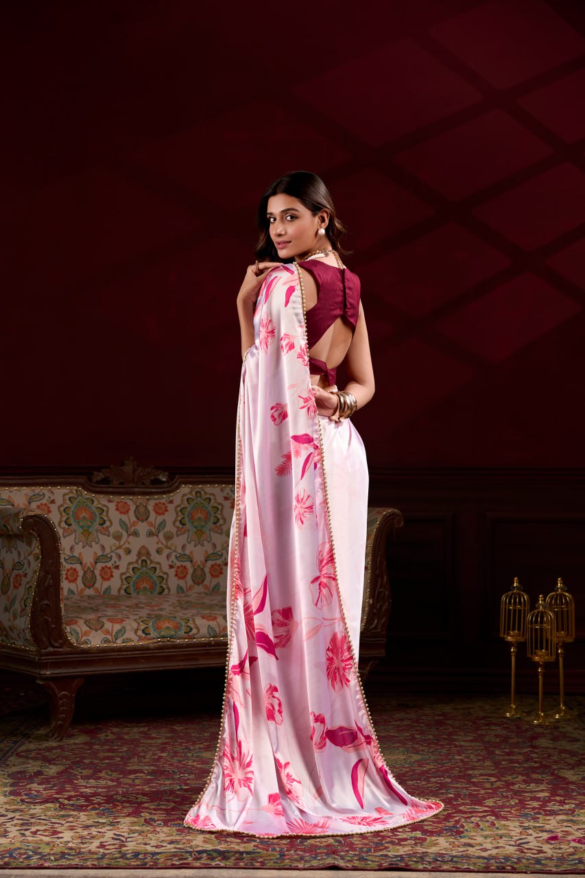 Pink Satin Silk Floral Printed Saree with Pearl Lace Border Blouse