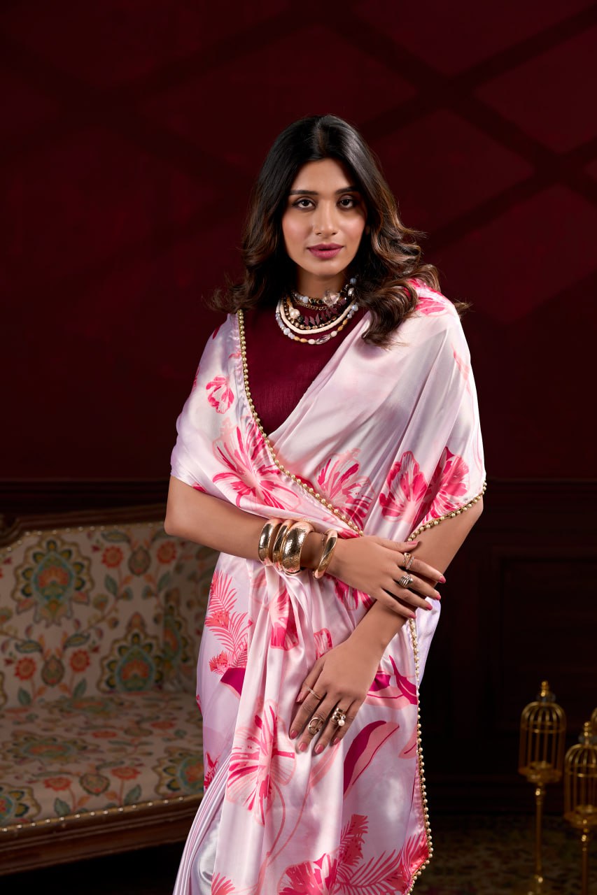 Pink Satin Silk Floral Printed Saree with Pearl Lace Border Blouse