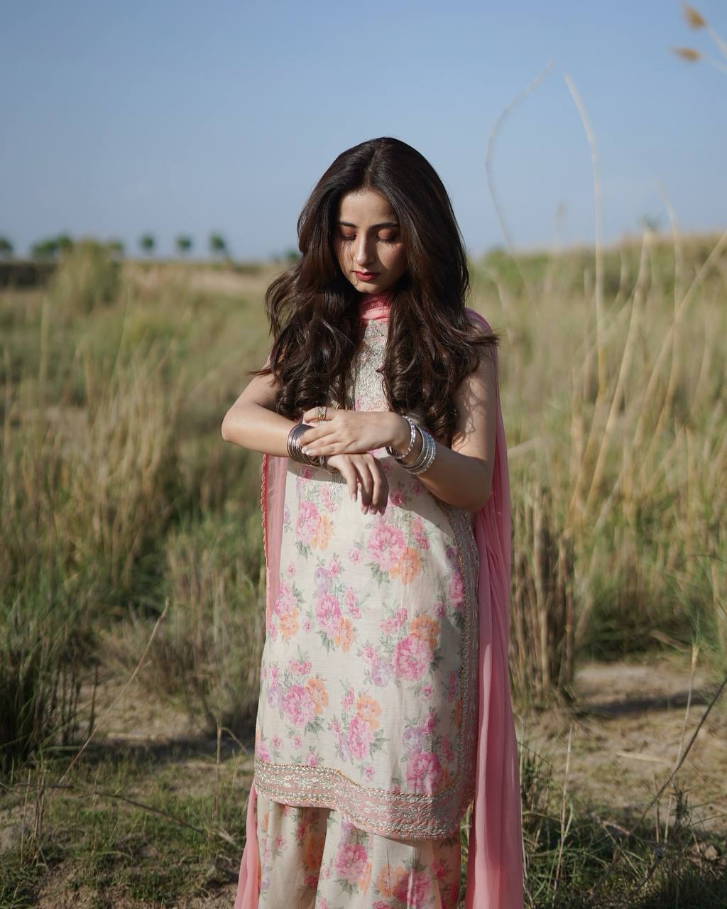 Floral Print Georgette Farshi Palazzo Suit with Embroidery & Sequence Work – Ready to Wear Designer Outfit