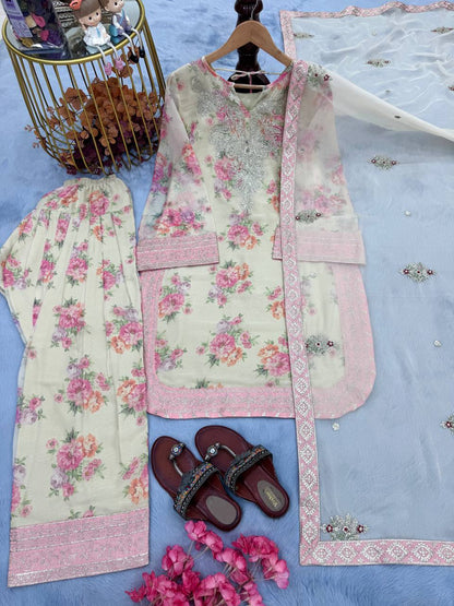 Floral Print Georgette Farshi Palazzo Suit with Embroidery & Sequence Work – Ready to Wear Designer Outfit
