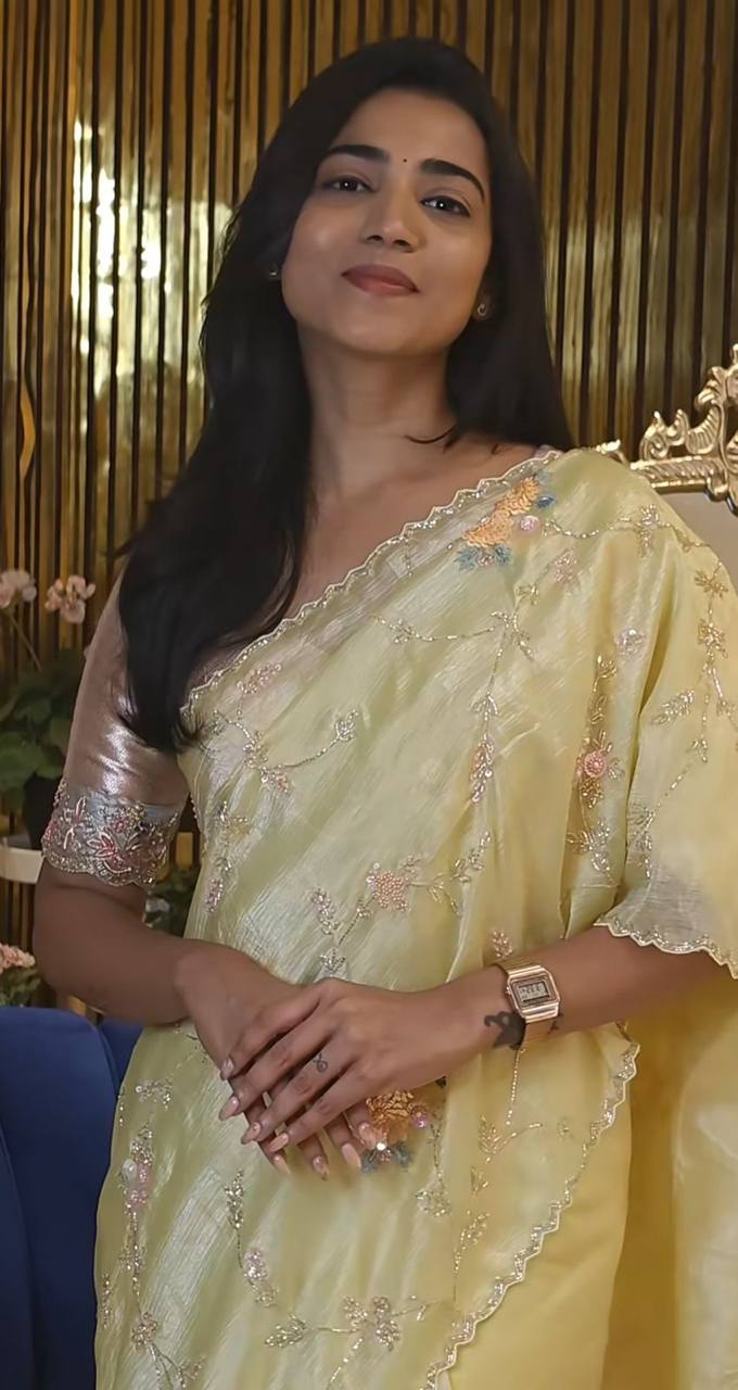 Gold Crush Saree with Round Sequin Embroidery and Zari Brocade Blouse