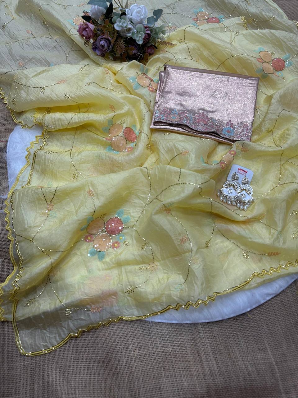 Gold Crush Saree with Round Sequin Embroidery and Zari Brocade Blouse