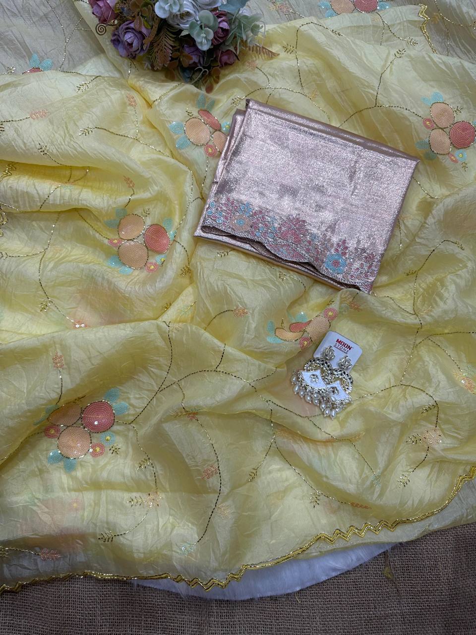 Gold Crush Saree with Round Sequin Embroidery and Zari Brocade Blouse