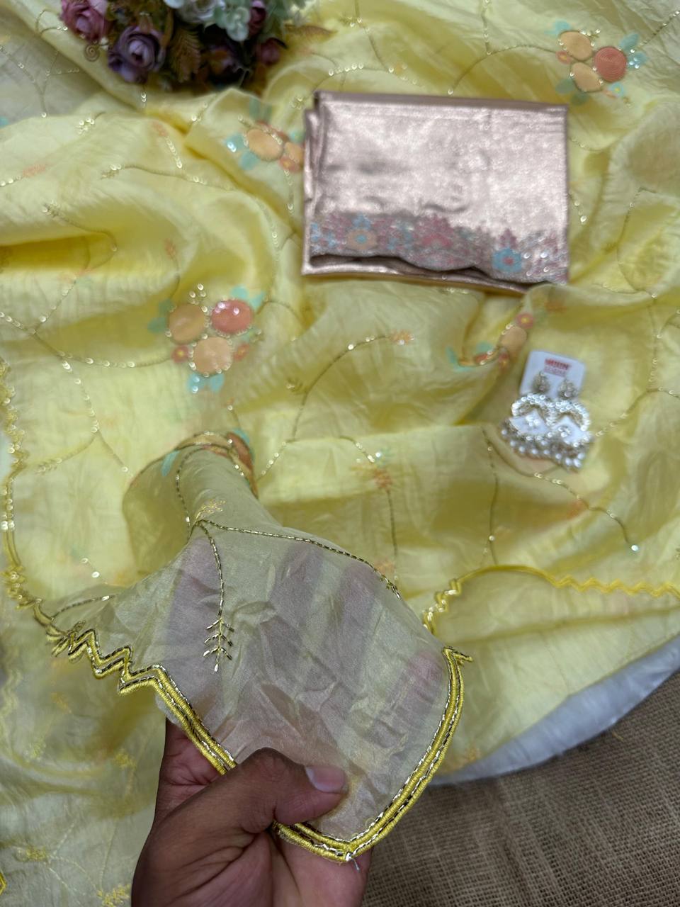 Gold Crush Saree with Round Sequin Embroidery and Zari Brocade Blouse