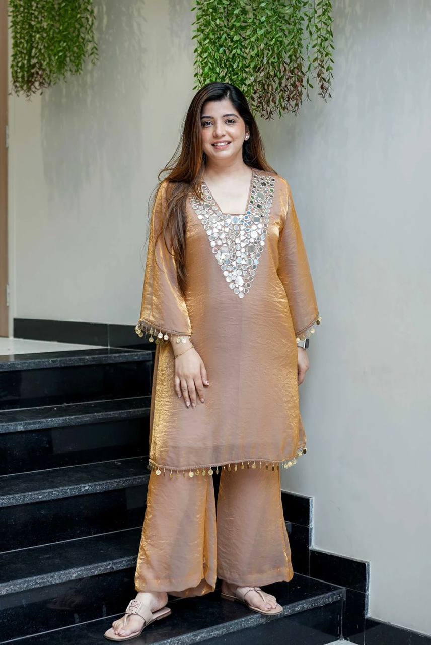 Gold Fendy Embroidered Work with Mirror Coin Lace Palazzo Suit
