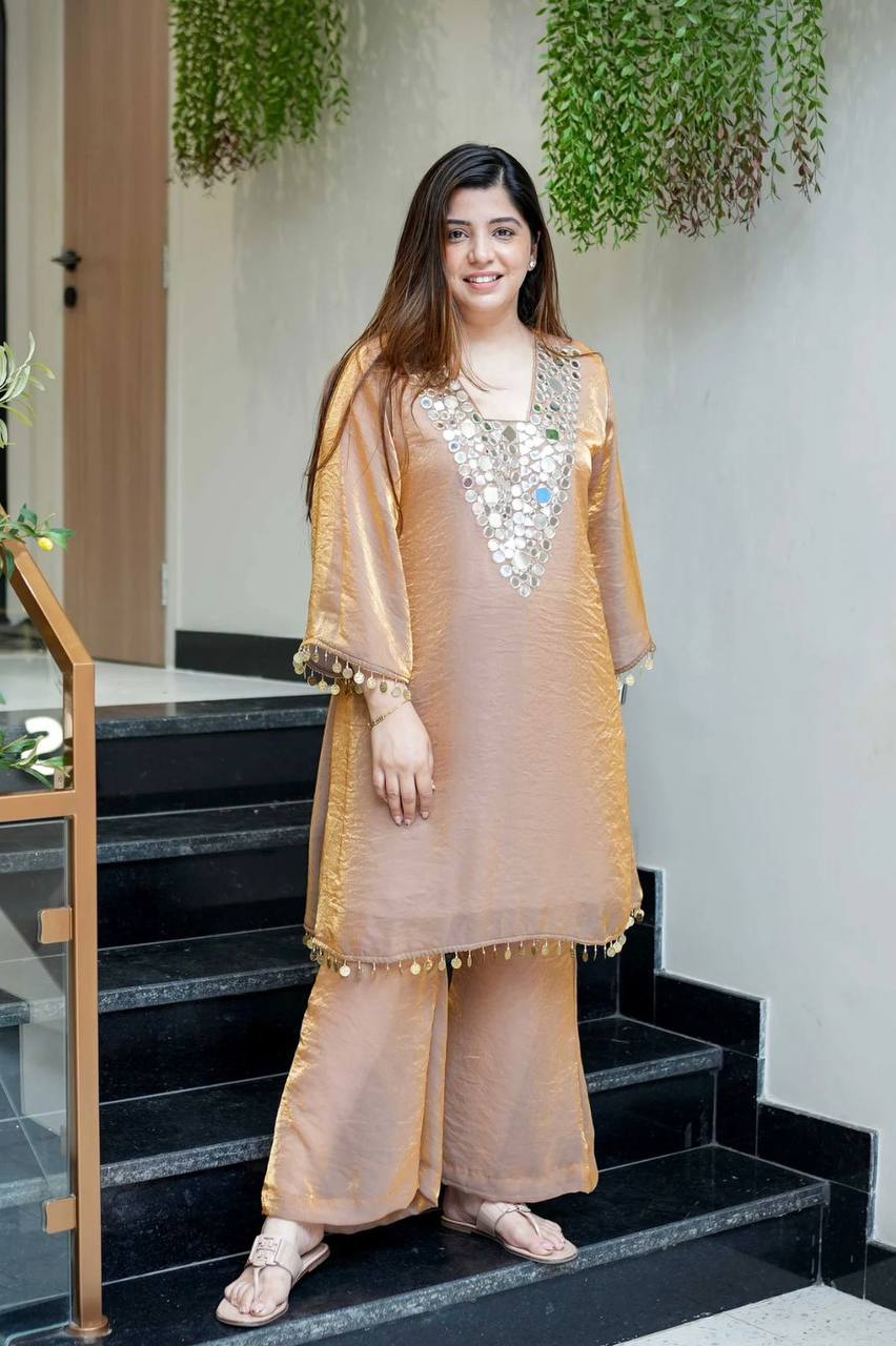 Gold Fendy Embroidered Work with Mirror Coin Lace Palazzo Suit