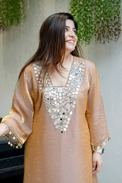 Gold Fendy Embroidered Work with Mirror Coin Lace Palazzo Suit