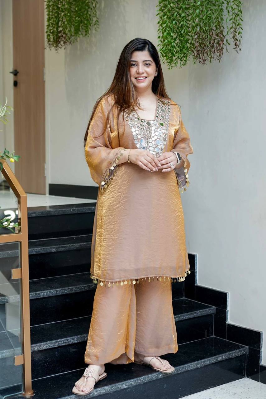 Gold Fendy Embroidered Work with Mirror Coin Lace Palazzo Suit